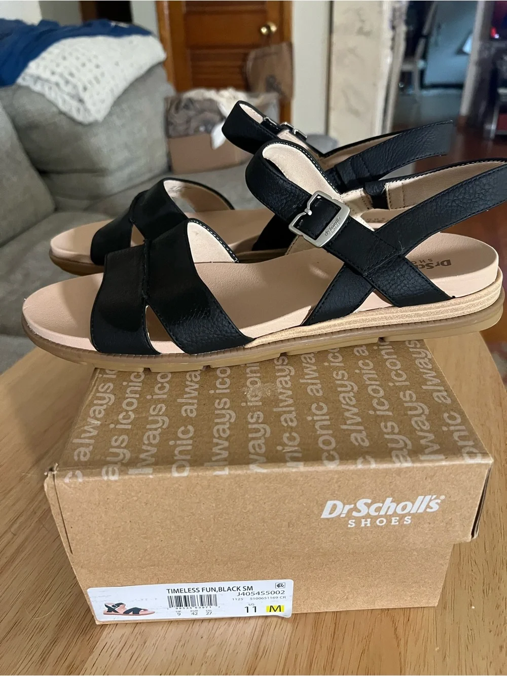 Dr. Scholl's Black Leather Adjustable Slingback Sandals